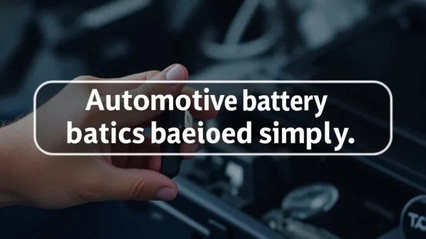 The image shows a car battery with its components labeled for automotive battery basics explained simply.