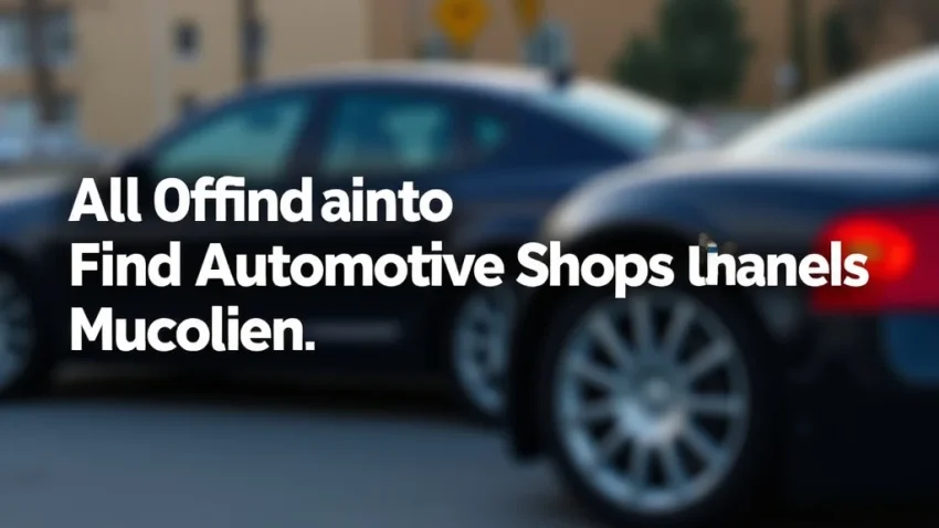 The image shows a smartphone displaying a map with nearby automotive shop locations highlighted.