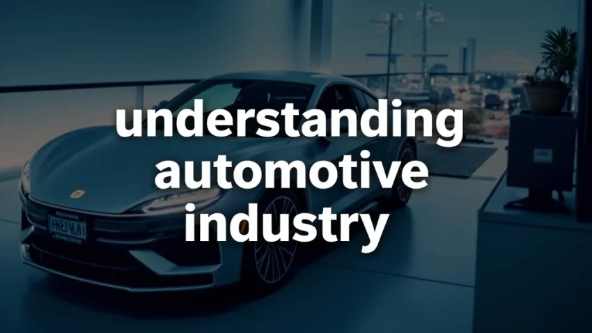 The image shows a modern factory assembly line producing vehicles, illustrating the complexity of understanding the automotive industry.